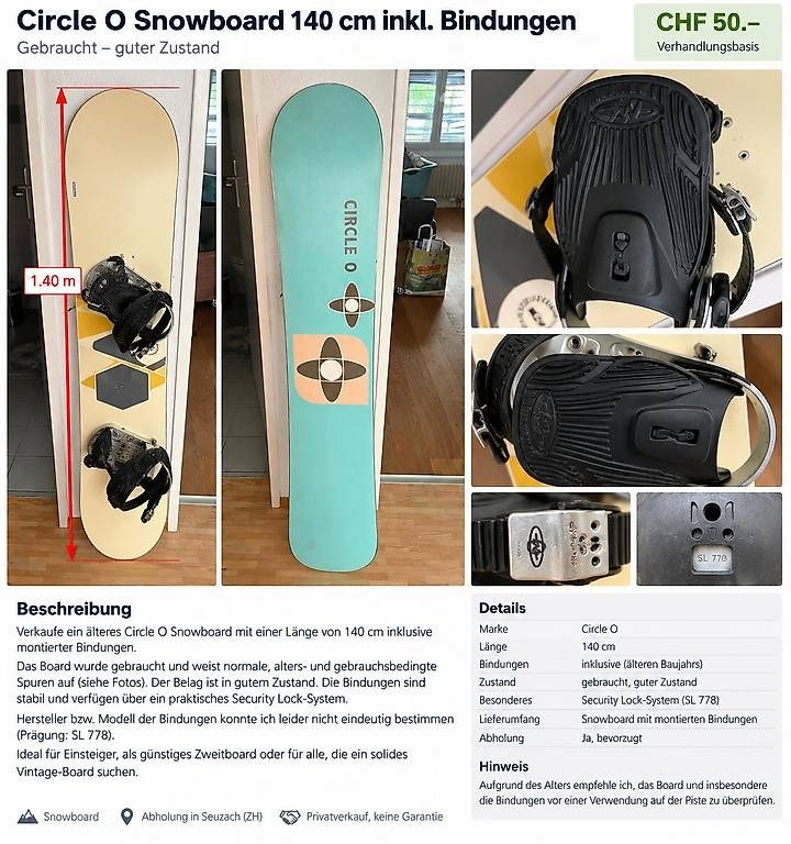 Board: Circle O Snowboard 140 cm inkl. Bindungen – Usato da Seuzach venduto da jue_fg9g