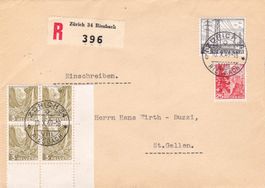 1949, R-Brief mit 3 versch. Ausgaben als 40Rp. Mischfrank.