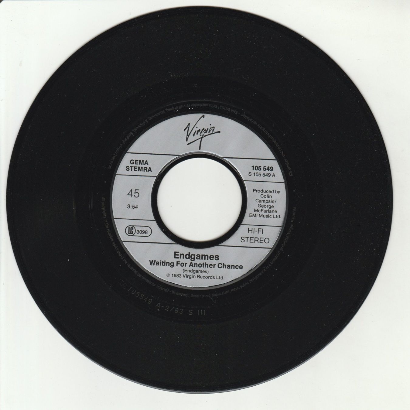 Dischi in vinile: Endgames - Waiting for another chance 7" Vinyl 1983 – Usato da Tübach venduto da JamesStone 2