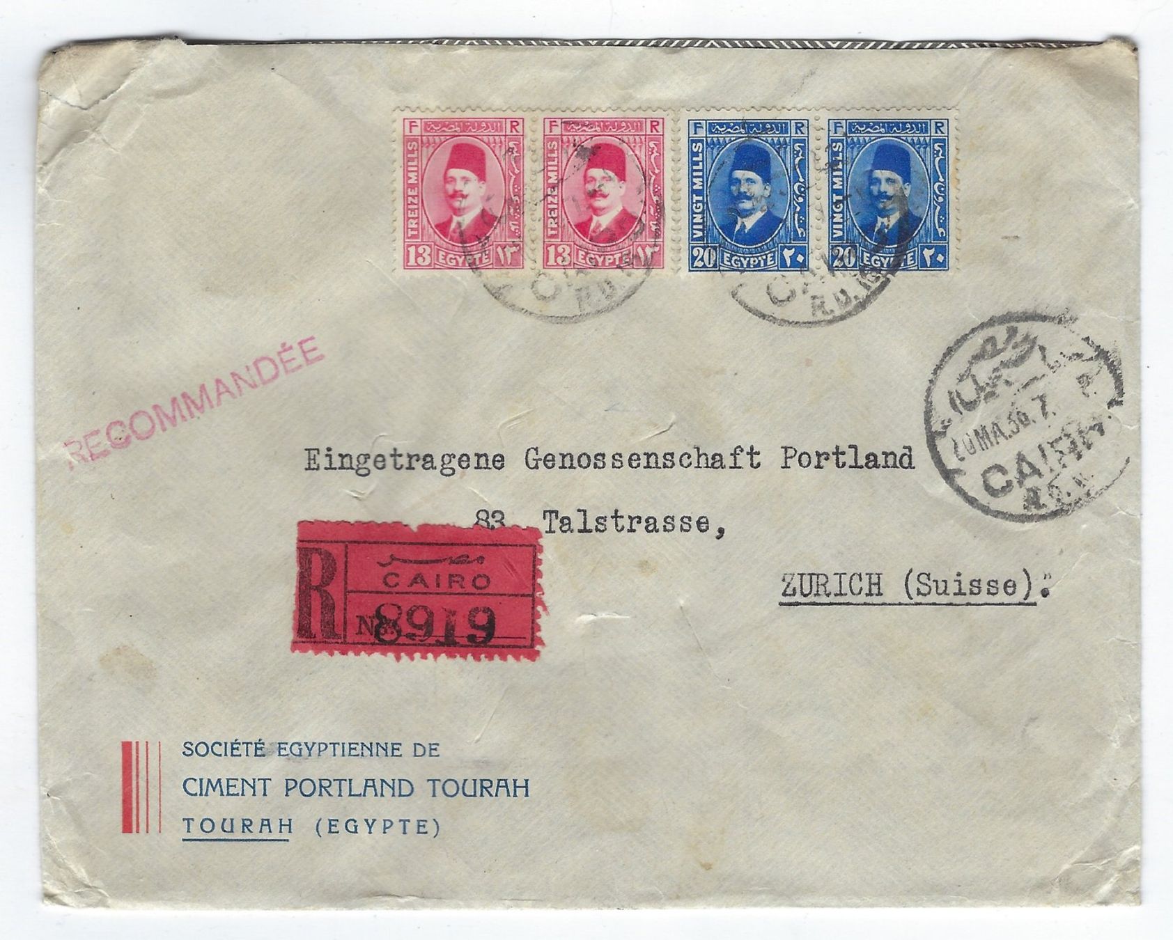 Buste & buste per spedizione: Umschlag mit Siegeln eingeschrieben in Cairo 1936 – Usato da Luzern venduto da Einh0rn