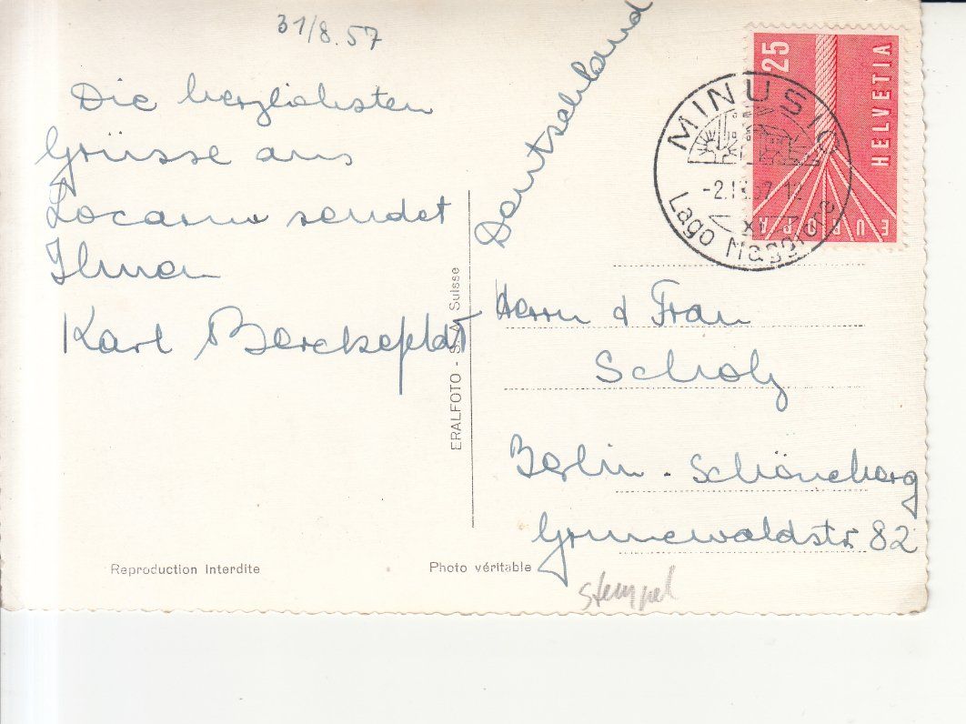 Cartoline postali: Locarno 1957 – Usato da Bürglen TG venduto da StampGraf 1
