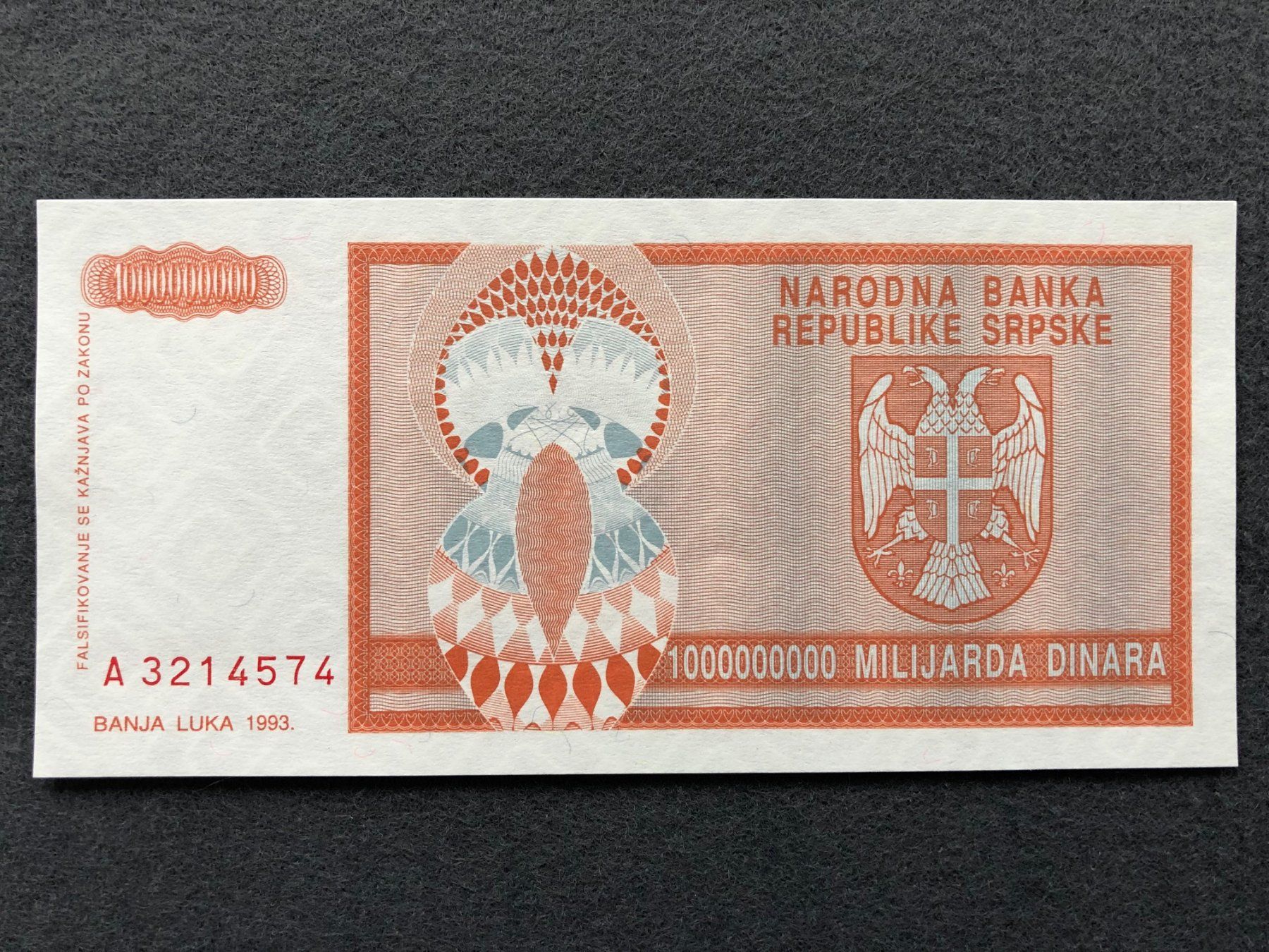 Banknoten: Banja Luka 1993 - 1000000000 Dinara UNC – Neu (gemäss Beschreibung) aus Pfäffikon SZ von Sieben77