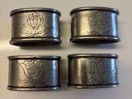 4 antike Serviettenringe, 95er Pewter, Blumendekor