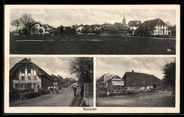 AK Kerzers, Straßenpartien, Ortspanorama mit Kirche
