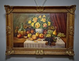 Antikes belgisches Stillleben mit Rosen & Obst, gerahmt