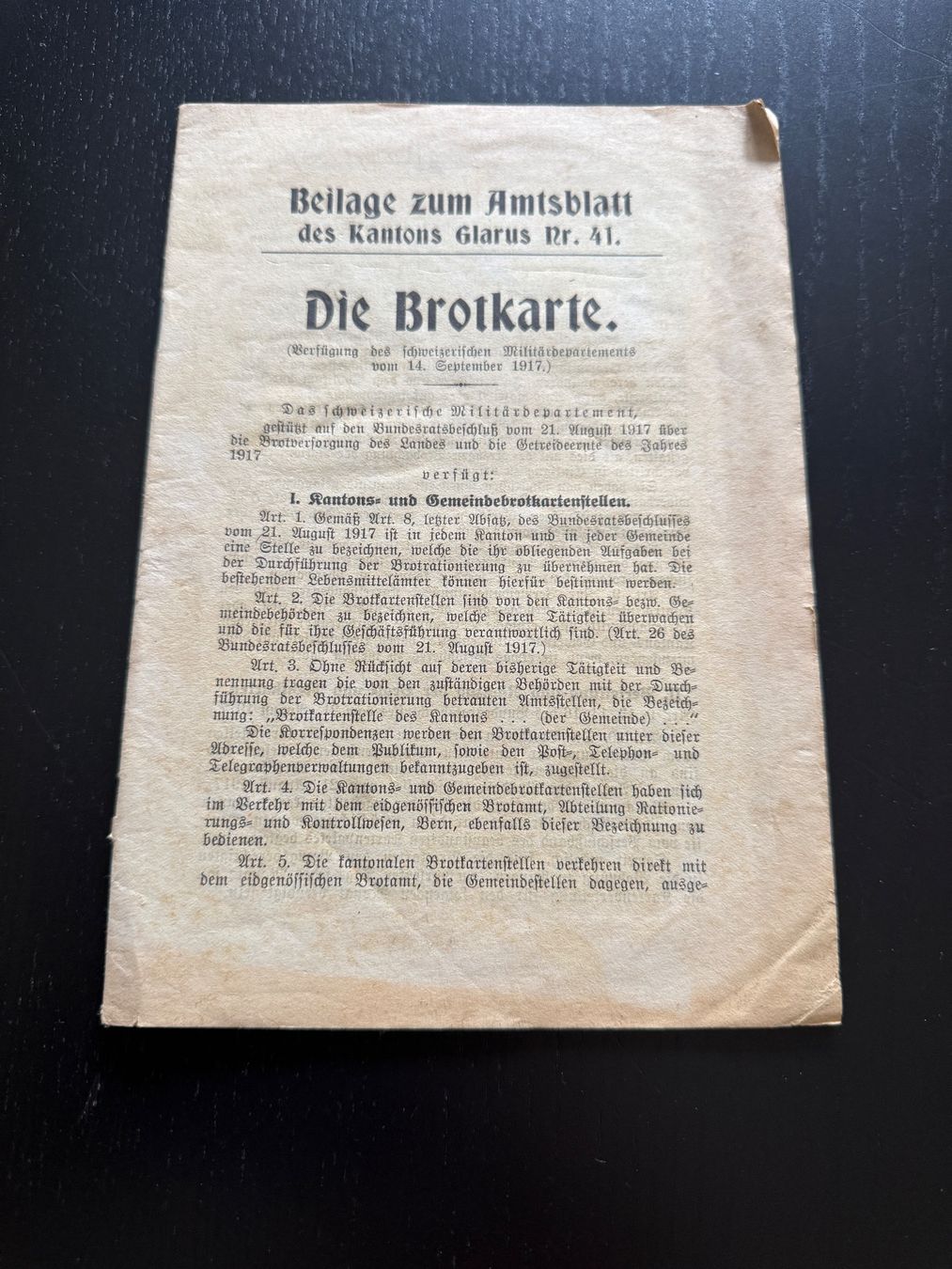 Documenti: Beilage:  Amtsblatt des Kantons Glarus Die Brotkarte – Usato da Erstfeld venduto da Mario_boe0
