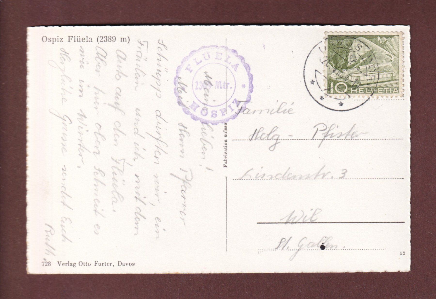 Cartoline postali: FLÜELA OSPIZ - 1954 – Usato da Pully venduto da nicecards-shop 1