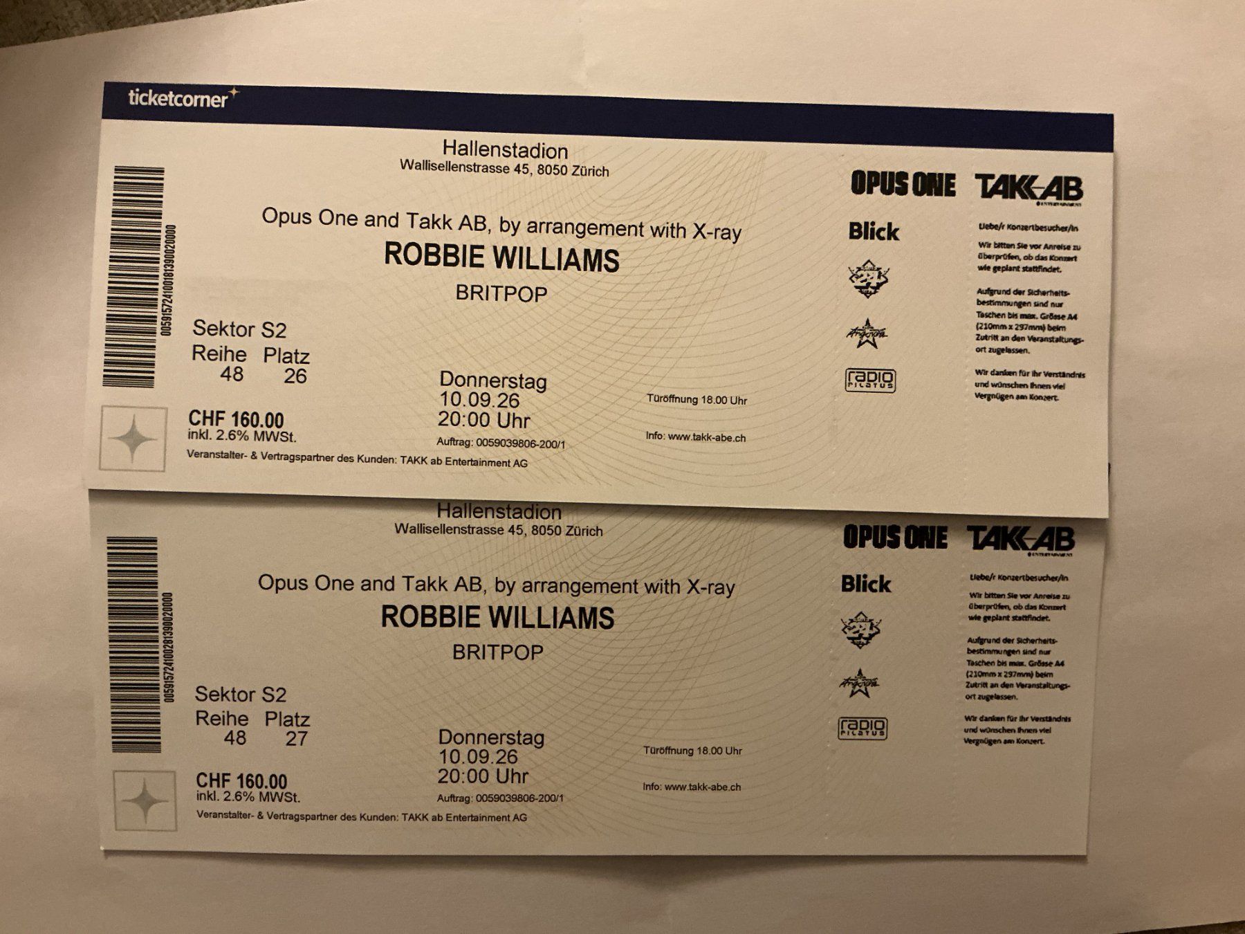Tickets: Robbie Williams 2 Sitzplatztickets 10.9. – Neu und originalverpackt aus Liebefeld von Puedu