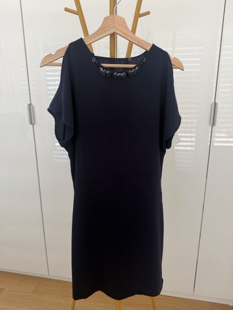 Zara Dress navy blue short sleeves beaded neckline size XS