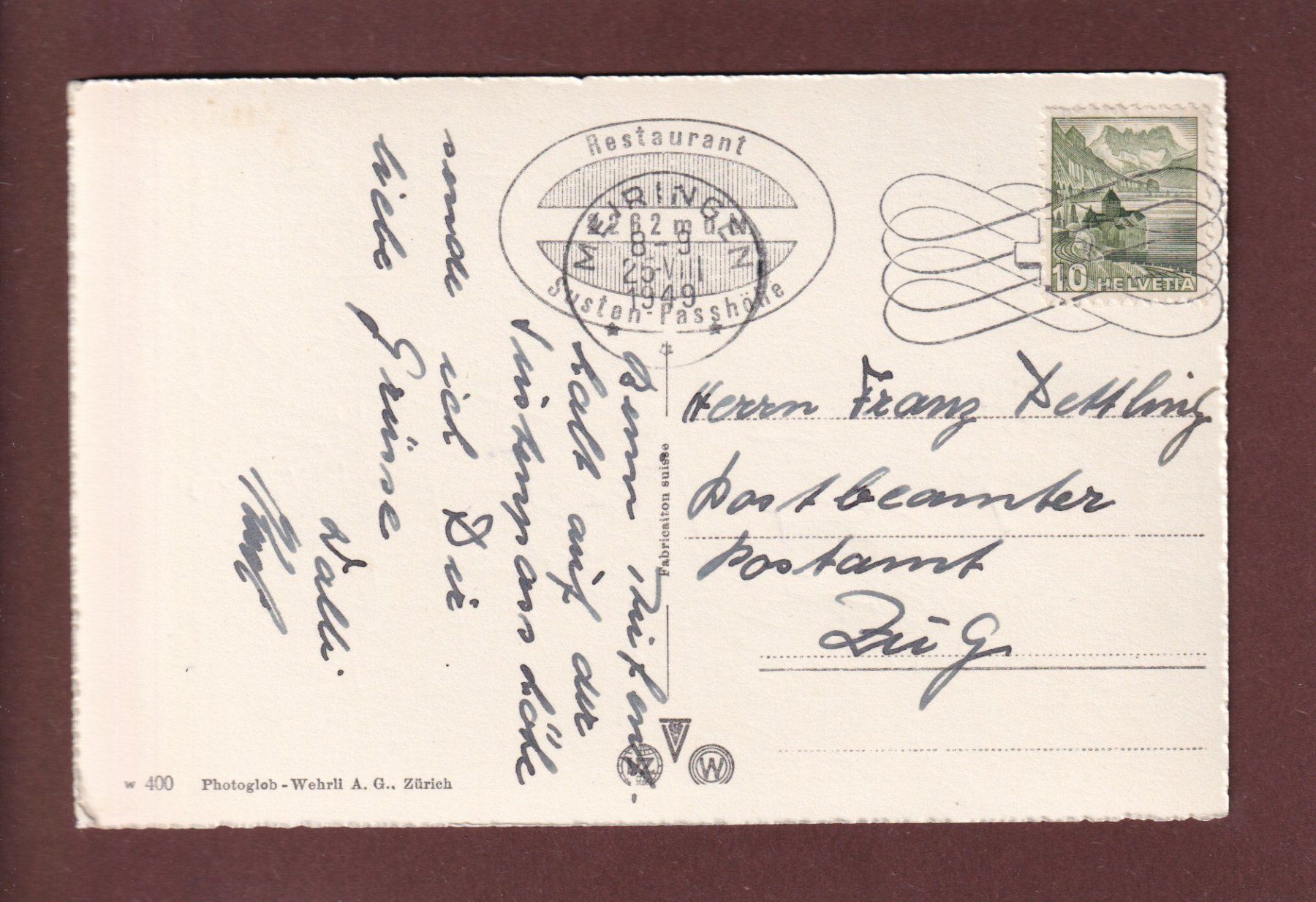 Cartoline postali: STEINALP an der Sustenstrasse - 1949 – Usato da Pully venduto da nicecards 1