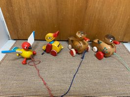 Holzfiguren Enten und Vögel, Nachziehtiere,