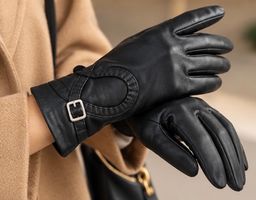 Damen Lederhandschuhe schwarz mit Schnalle