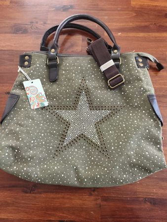Schultertasche aus militärgrünem Stoff, NEU