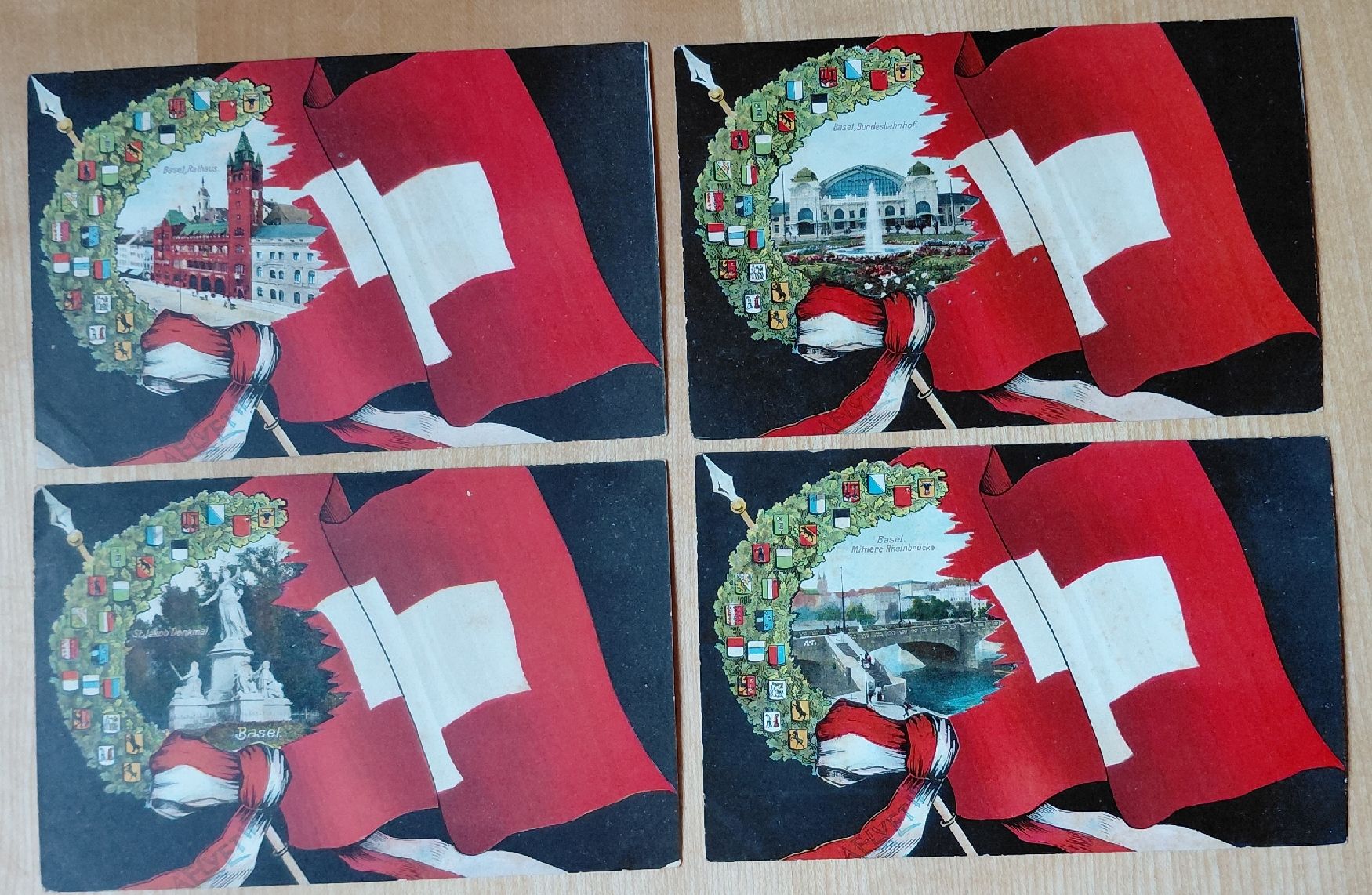 Cartoline postali: 4 antike Ansichtsarten Basel mit Schweizer Fahne, 1909 – Usato da Trogen venduto da Limboo