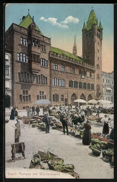 Cartoline postali: AK Basel, Rathaus mit Wochenmarkt, 1924 – Usato da Berlin venduto da bartko-reher