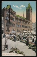 AK Basel, Rathaus mit Wochenmarkt, 1924
