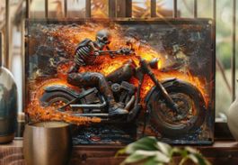 Metallschild Skelett auf Motorrad / 30cm × 20cm / Bild
