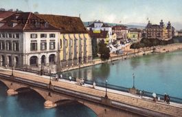 AK Zürich_Obere Brücke, Stadtbibliothek und Sonnenquai_Tram