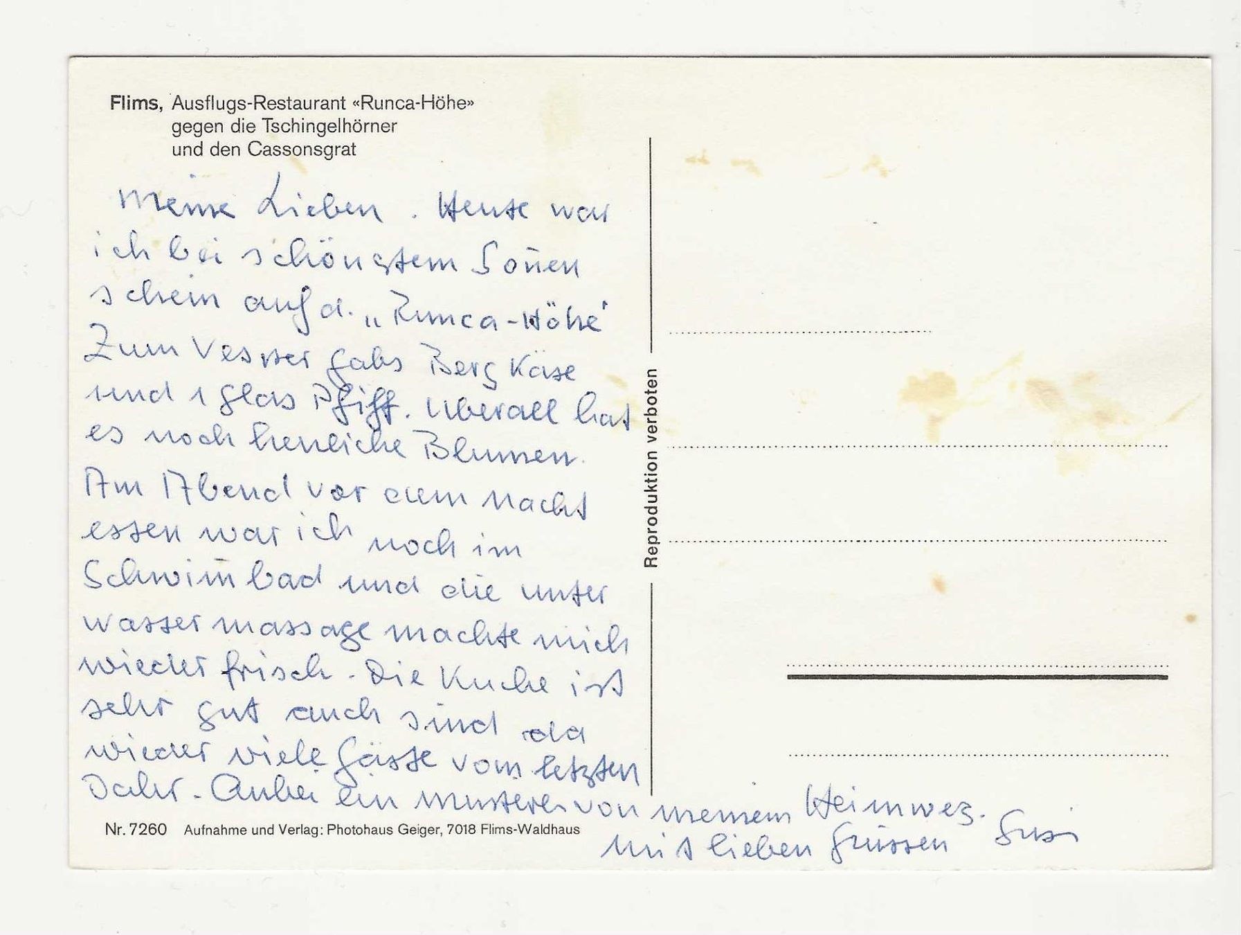 Cartes postales: FLIMS. AUSFLUGS-RESTAURANT  " RUNCA-HÖHE " – D'occasion à Küttigen par rolypo 1