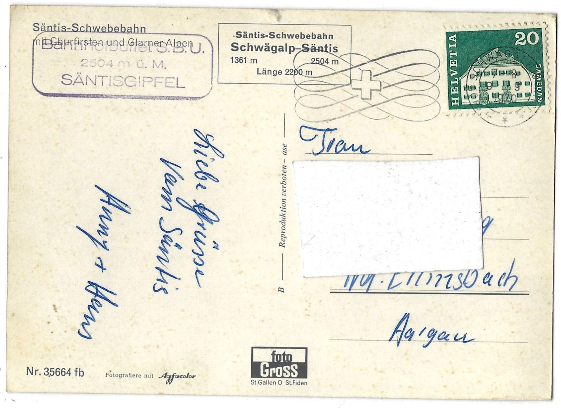Cartoline postali: Säntis-Schwebebahn mit Churfirsten und Glarner-Alpen – Usato da Bütschwil venduto da Jackson1A 1