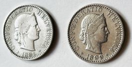 20 Rp. CH-Münzen, 1 x 1881+ 1 x 1899 B, Bern