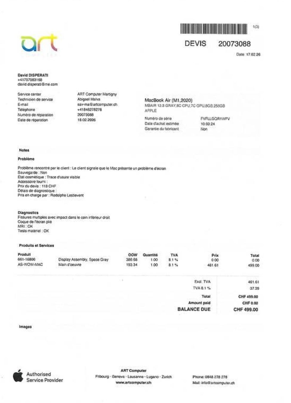 Apple Notebook: Je vends Apple MacBook Air 13" M1 de 2024. – Nuovo (secondo la descrizione) da Sion venduto da david_disperati 2