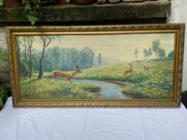 Idyllische Landschaft, Rehe an einem Flüsschen, Jugendstil