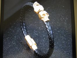 Lederarmband Herren Schwarz/Gold Magnetverschluss 22 cm NEU!