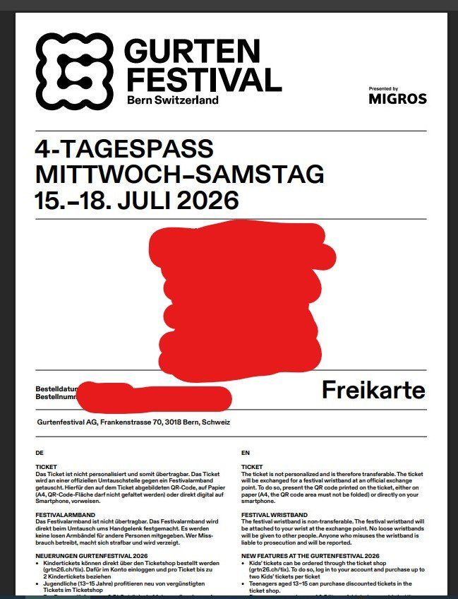 Billets: 4 Tagespass Gurtenfestival – D'occasion à Wattenwil par len_9smc