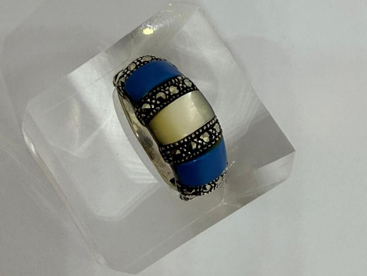 Anelli: Vintage Silberring mit Markasiten, Türkis/Perlmut. Gr. 56 – Usato da St. Gallen venduto da GIULESGG 1