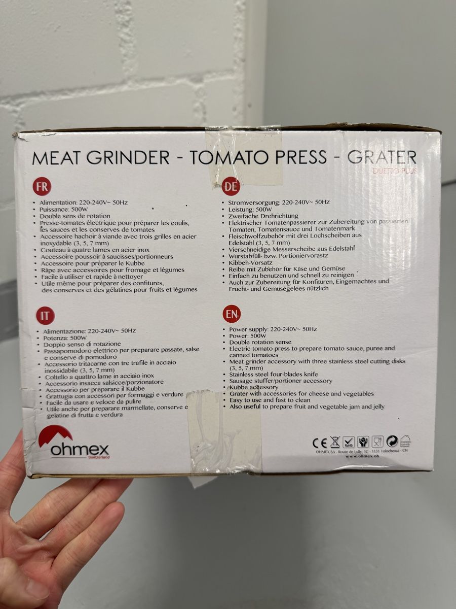 Ohmex Elettrodomestici da cucina: Ohmex Duetto Plus Fleischwolf - Tomato Press - Grater – Nuovo e nell'imballaggio originale da Solothurn venduto da erubhnta 1