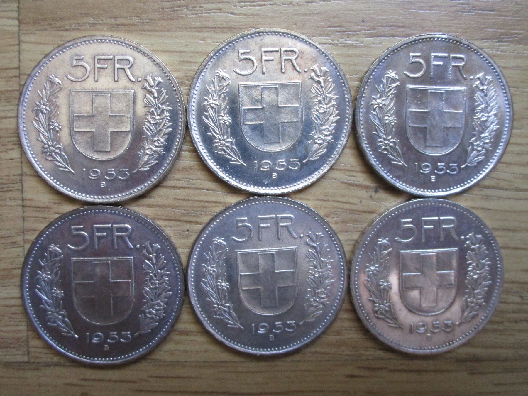 Alle Münzen: 6 x 5 Franken 1953 – Neu (gemäss Beschreibung) aus Heimberg von Lupo57