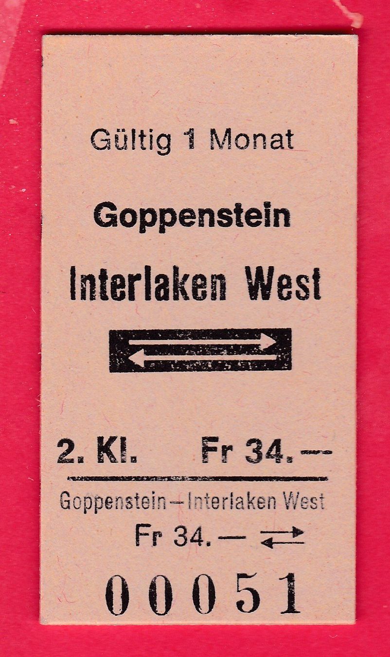 Biglietti: KARTON BILLETT,GOPPENSTEIN - INTERLAKEN WEST,2.KLASSE,RETOUR – Usato da Oberrieden venduto da Gebirgsstelze