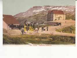 Furka Passhöhe ca. 1910, mit Postkutsche