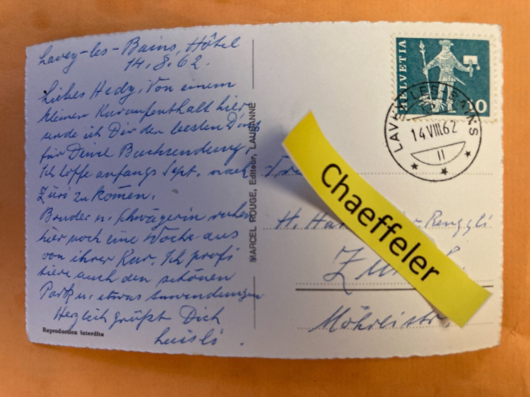 Cartoline postali: 1962 Lavey-les-Bains – Usato da Zürich venduto da Chaeffeler 1