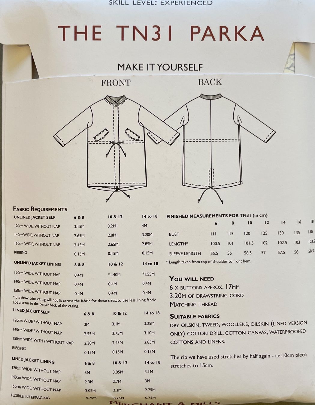Cartamodelli: Merchant & Mills _ TN31 PARKA – Nuovo e nell'imballaggio originale da Silvaplana venduto da Lotzis 1