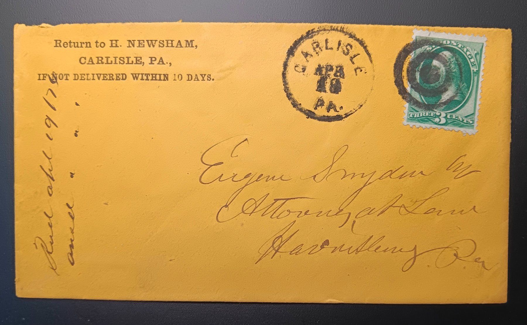 Tutti i francobolli: 1874 CARLISLE, PA – Usato da Holderbank AG venduto da DINOS-PHILA