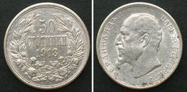 BULGARIEN 50 Stotinki 1913, FERDINAND I. Silber unz