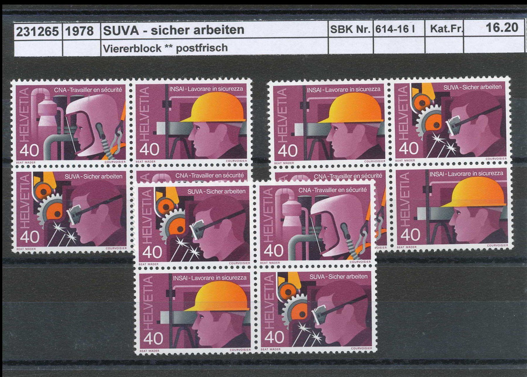 Tous les timbres: 1978 "SUVA - sicher arbeiten" - Viererblock, ** postfrisch – Neuf (Voir description) à Winterthur par Zupogeru
