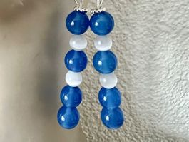 Silber Ohrhänger Maritim Blau-Weiss Glas Handgefertigt Neu