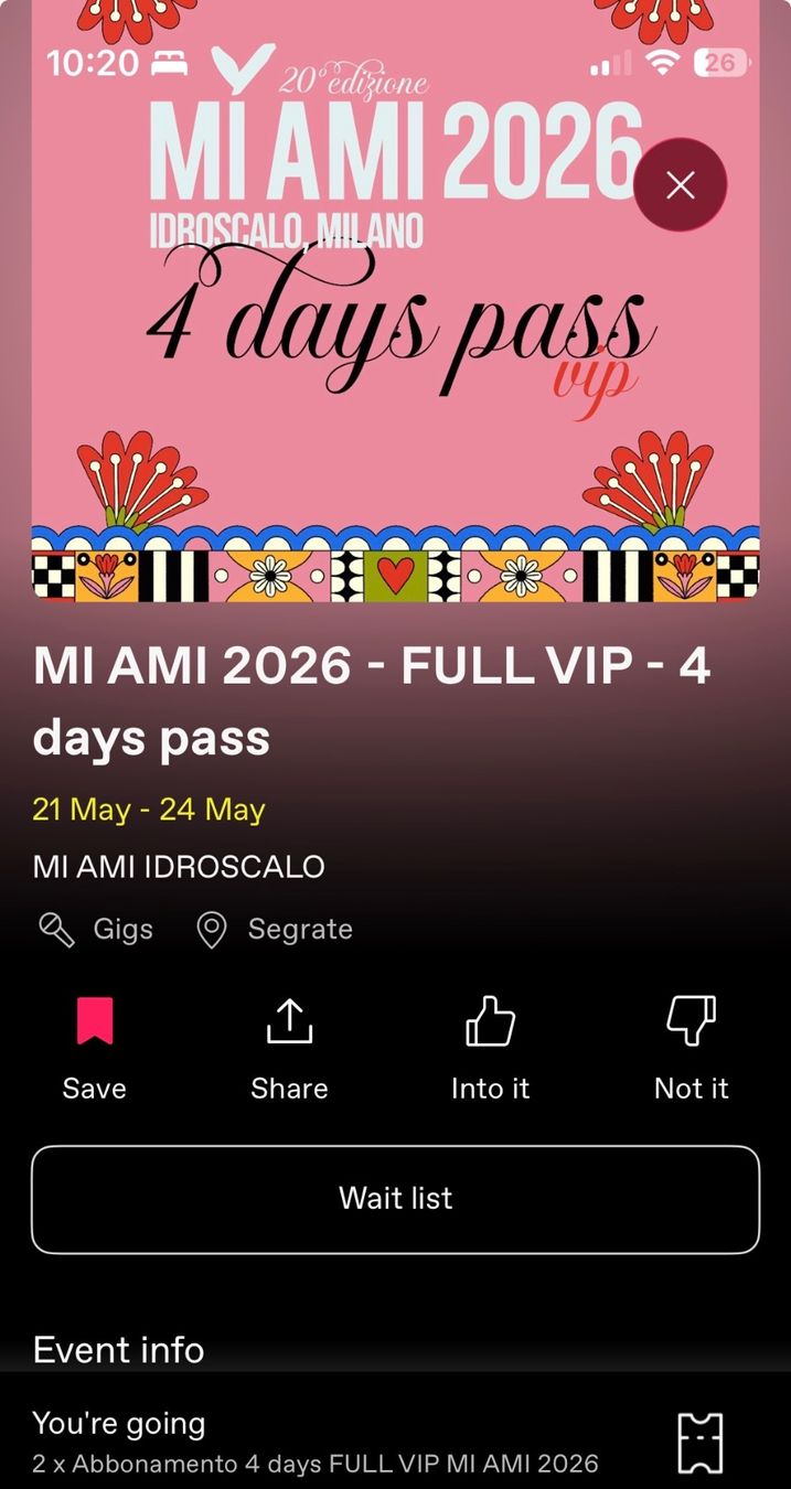 Biglietti: 1 DICE VIP TICKET MI AMI 2026 – Usato da Tesserete venduto da tva_tx9x
