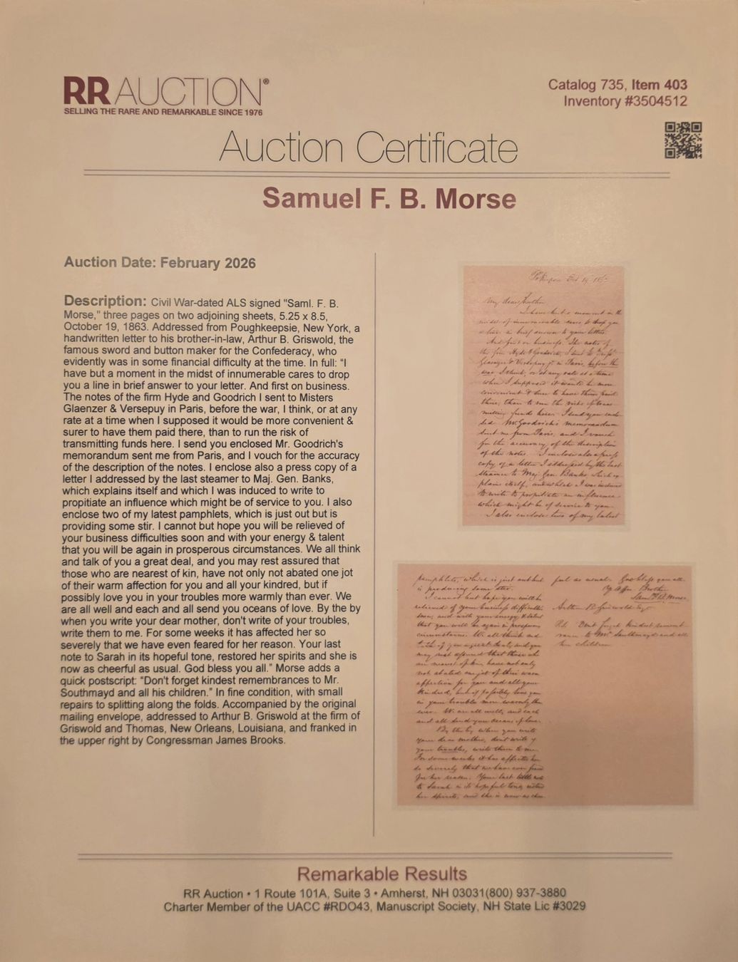 Autogramme: Samuel B. Morse Brief mit Couvert von 1863 – Neu (gemäss Beschreibung) aus Feldbach von gardenmagic 6