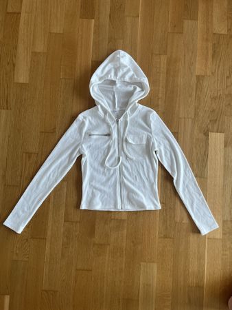 Weisses bauchfreies Kapuzenshirt,  Reissverschluss, Grösse