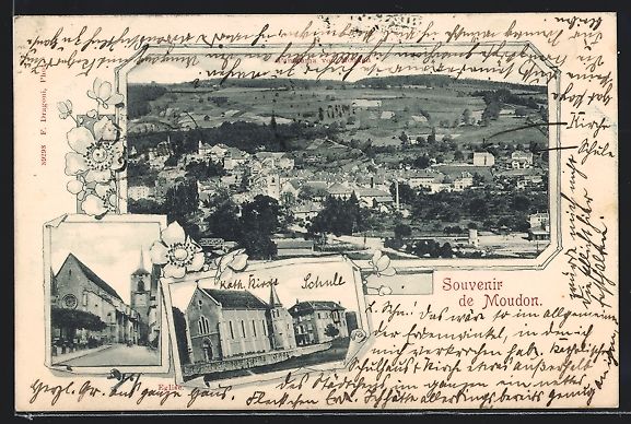 Ansichtskarten: Moudon, Kath. Kirche und Schule, Panoram – Gebraucht aus Berlin von bartko-reher