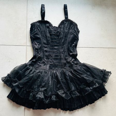 Schwarzes Kleid, Tüll, Corsage, Grösse L, mit Armstulpen