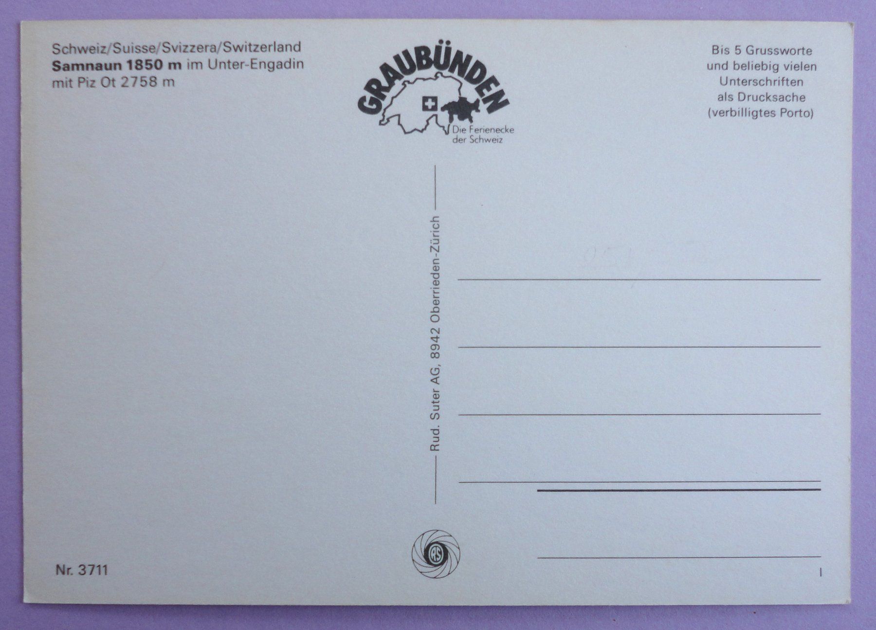 Cartoline postali: Samnaun 1850 m im Unter-Engadin – Usato da Fétigny venduto da Billy2miny 1
