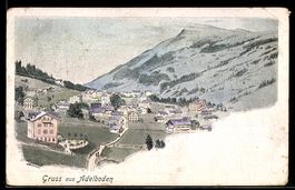 Künstler-AK Adelboden, Ortsansicht mit Bergpanorama