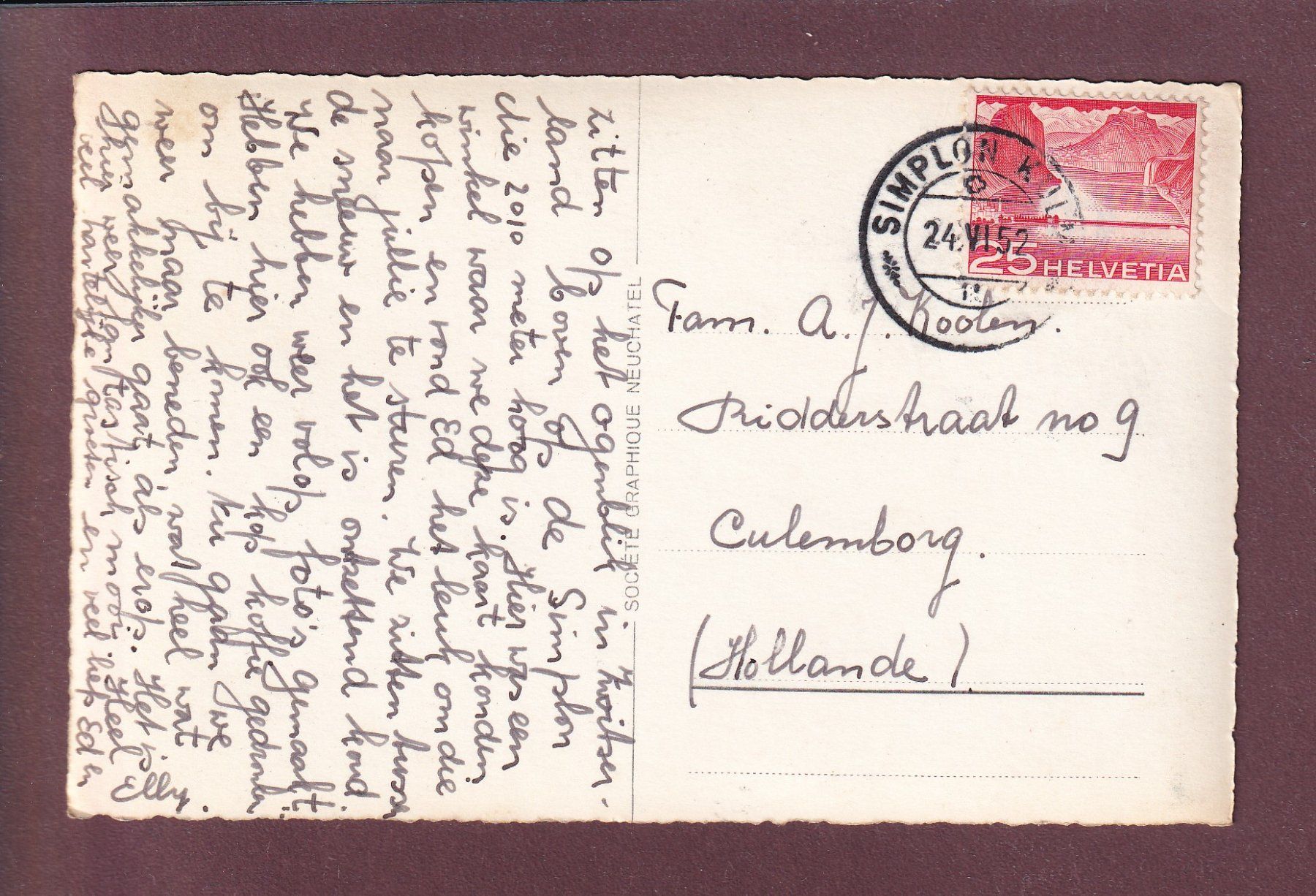 Cartoline postali: SIMPLON-KULM - Glacier de Kaltwasser - 1952 – Usato da Pully venduto da nicecards 1