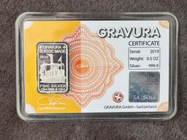 🎯  0.5 Unze Gravura, Silberbarren,  999.9 Feinsilber.