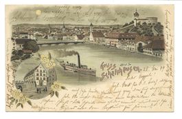 Gruss aus Schaffhausen  Munot Dampfschiff Kaserne Litho 1899